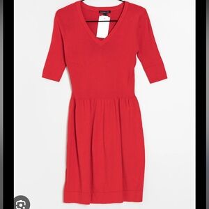 Mango RED ribbed cotton knit vneck dress